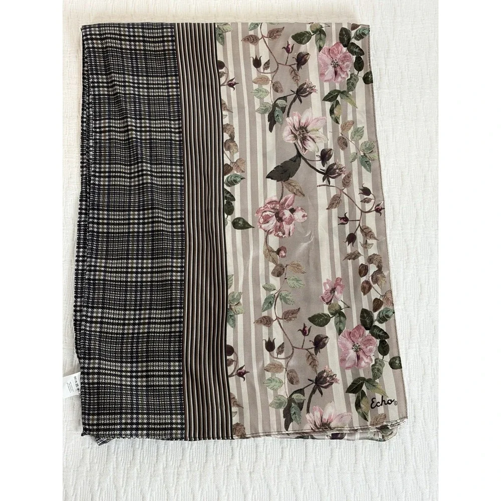 Echo NY, 100% Silk Scarf Floral Taupe Extra Long Rectangle Neck Wrap 12x72